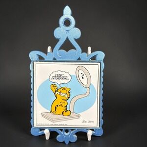 Vintage 1978 Garfield Cathay Tile Enesco Cast Iron Trivet Blue Frame Undertall